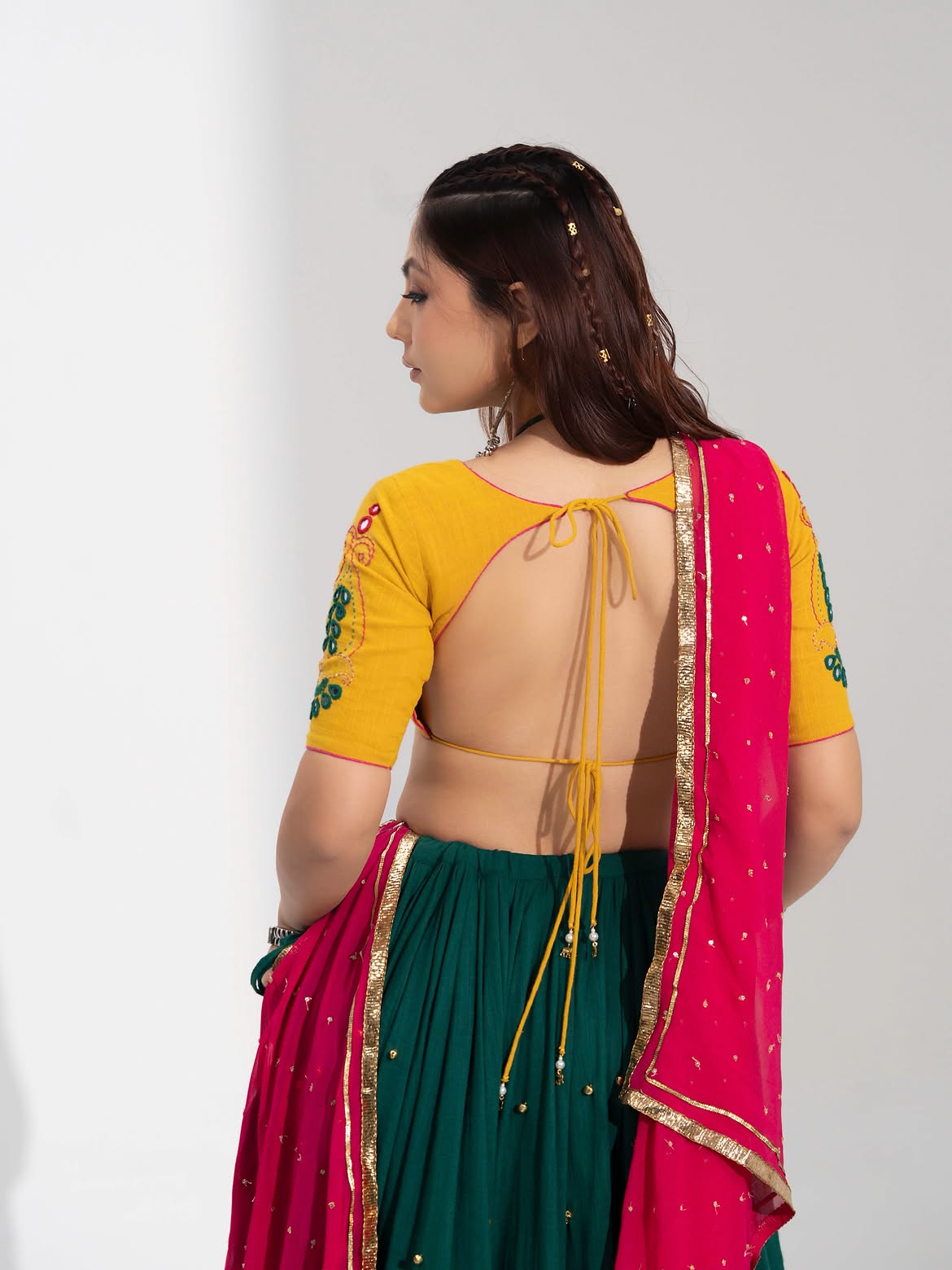 Emerald Green Flared Lehenga with Mustard Yellow Blouse & Rani Pink Dupatta Set