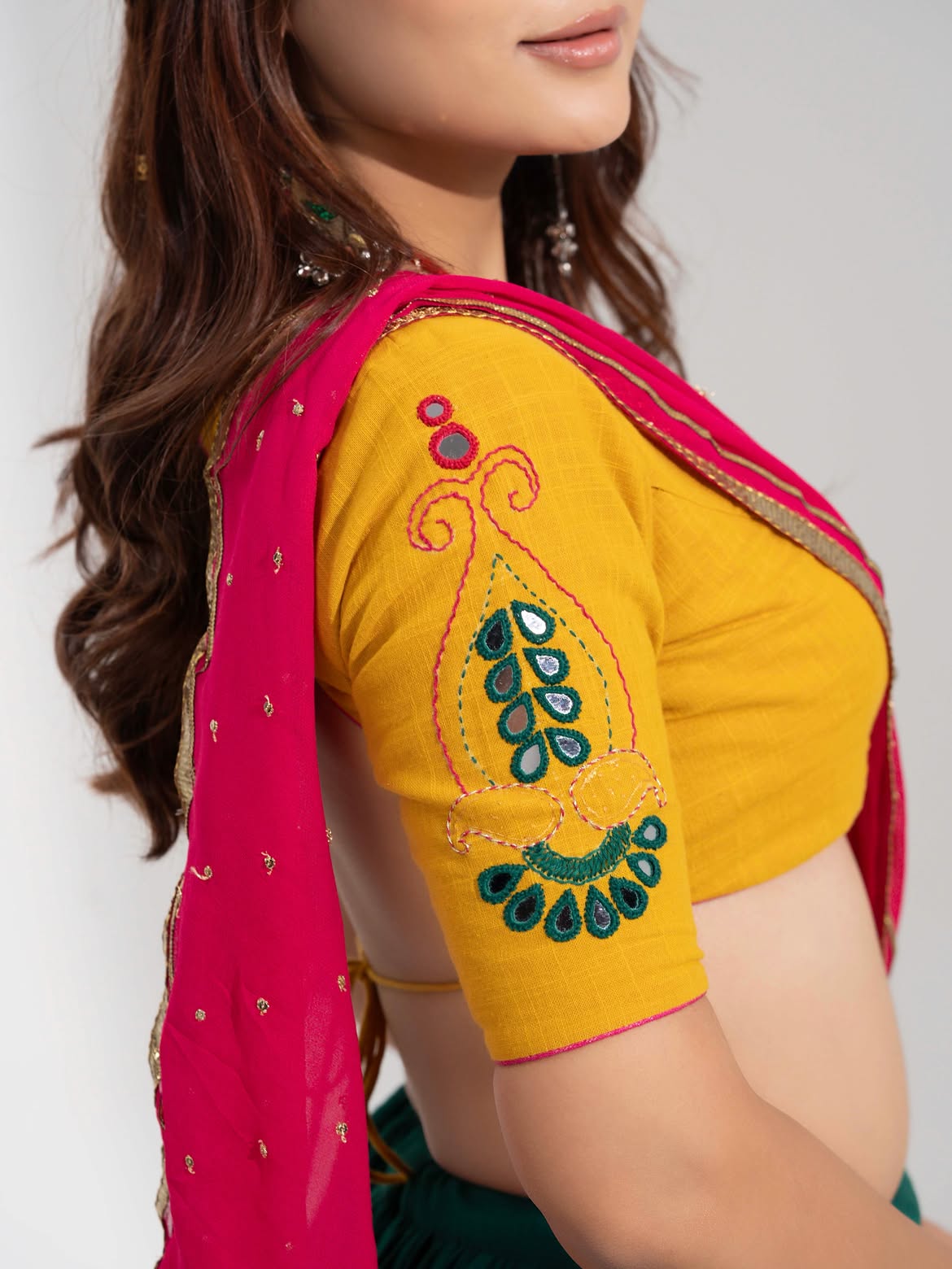 Emerald Green Flared Lehenga with Mustard Yellow Blouse & Rani Pink Dupatta Set