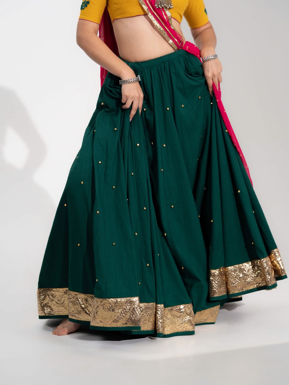 Emerald Green Flared Lehenga with Mustard Yellow Blouse & Rani Pink Dupatta Set
