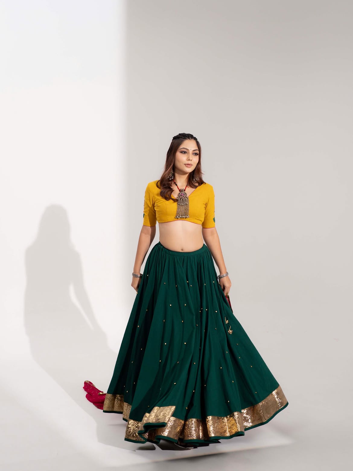 Emerald Green Flared Lehenga with Mustard Yellow Blouse & Rani Pink Dupatta Set