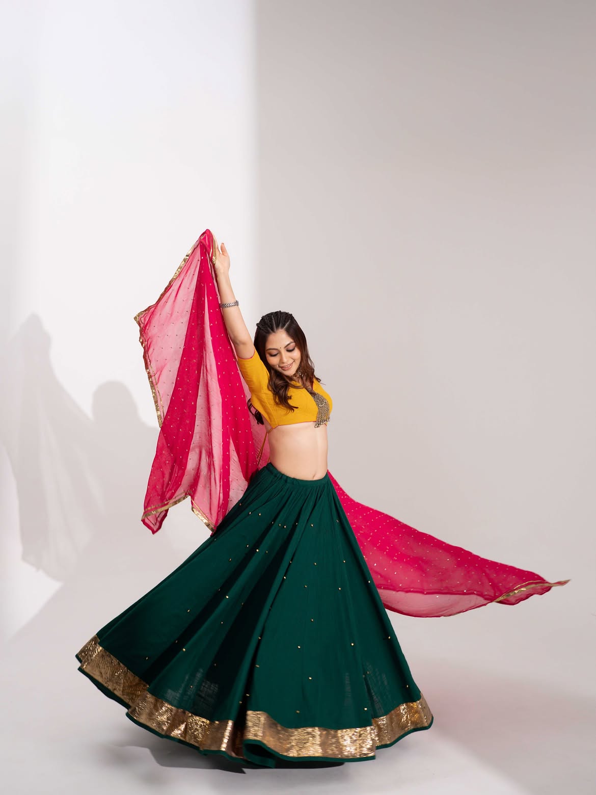 Emerald Green Flared Lehenga with Mustard Yellow Blouse & Rani Pink Dupatta Set