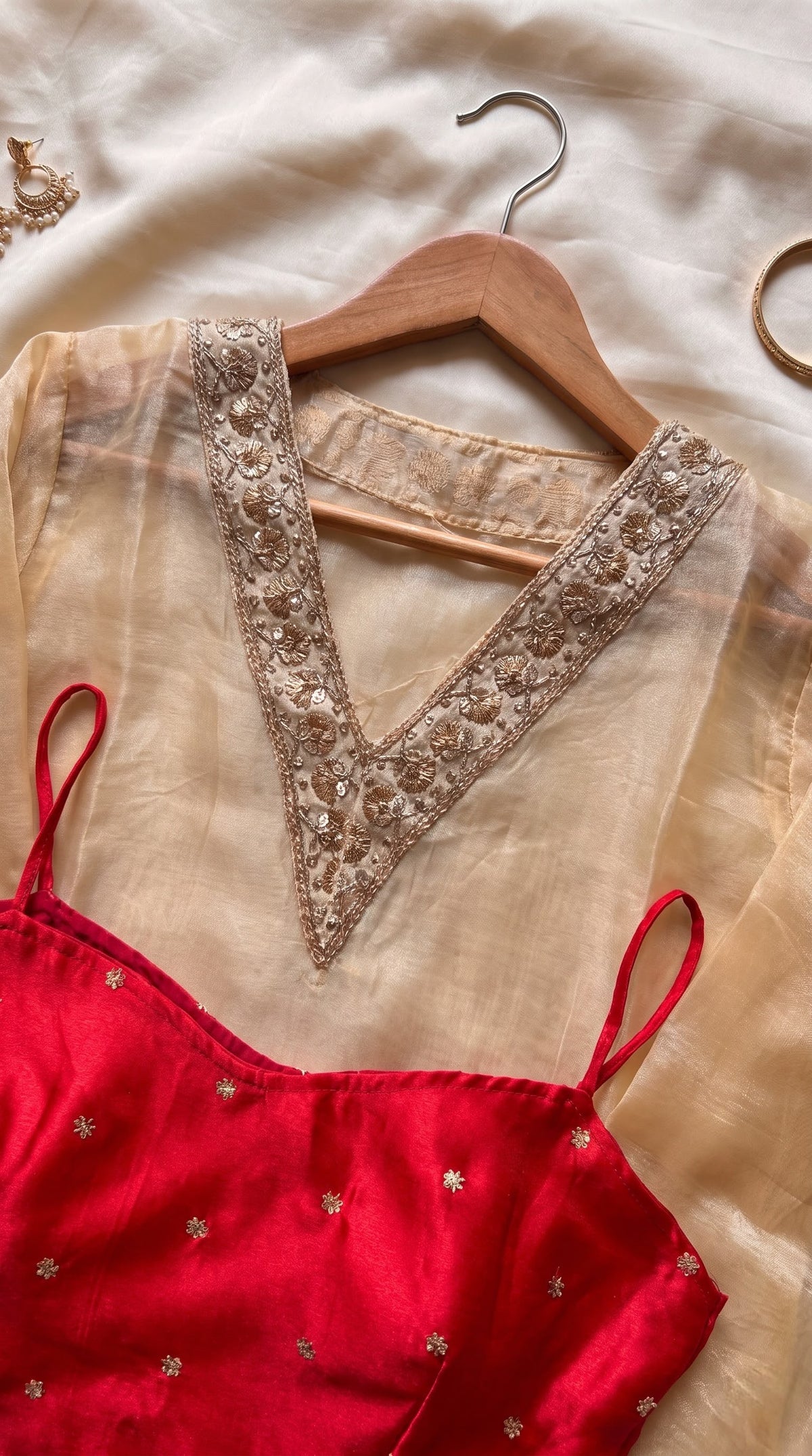 Golden Tissue 3-Piece Kurta Set with Lace Work