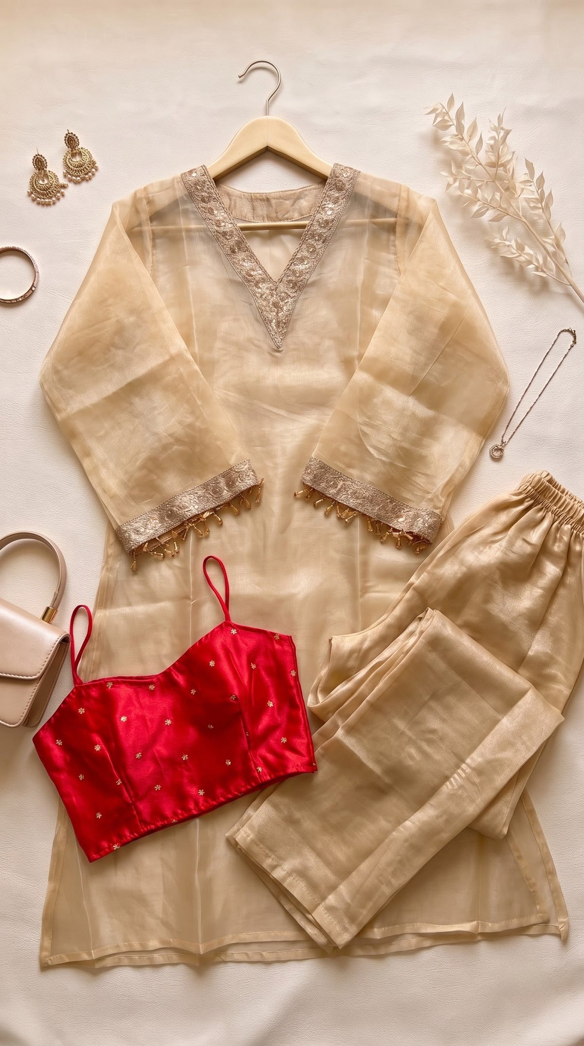 Golden Tissue 3-Piece Kurta Set with Lace Work