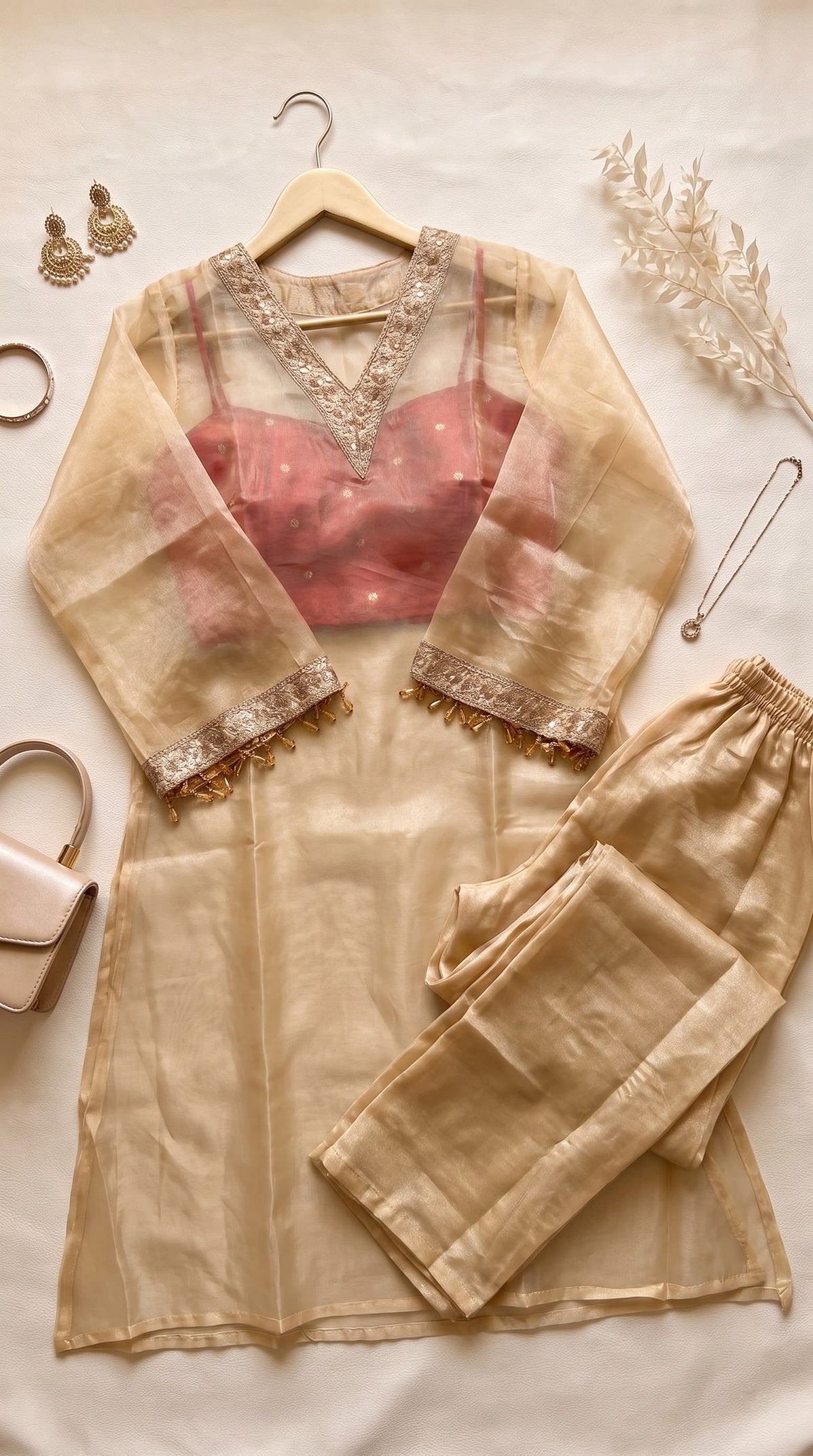 Golden Tissue 3-Piece Kurta Set with Lace Work