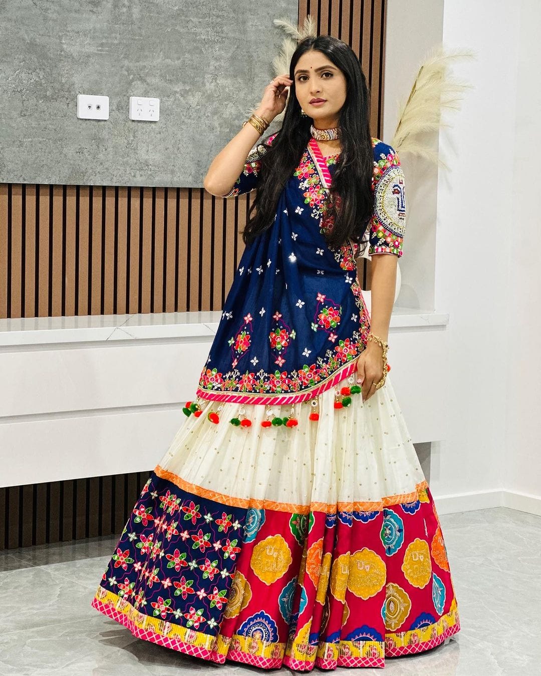 Royal Blue and White Bandhani & Floral Embroidered Traditional Chaniya Choli Set