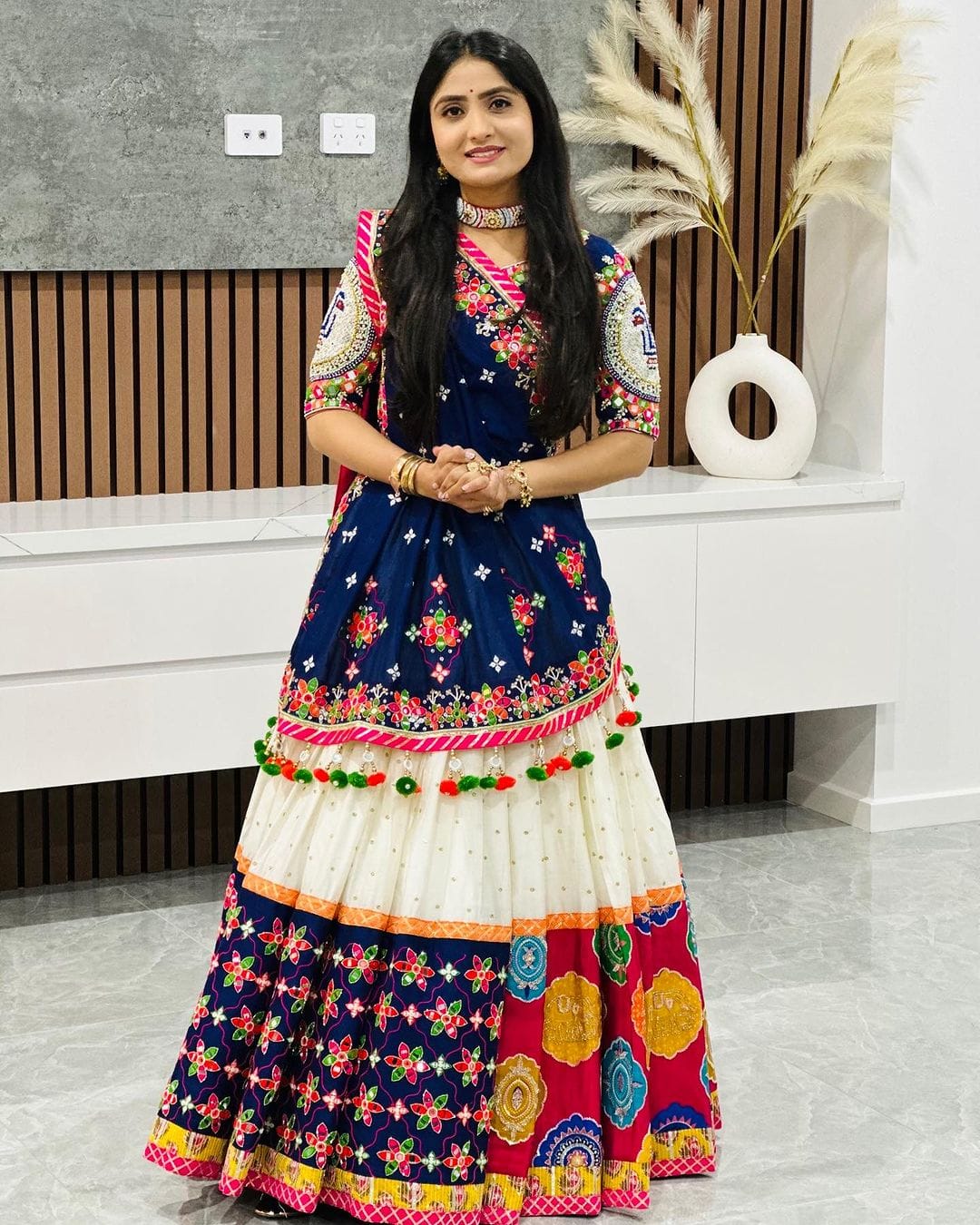 Royal Blue and White Bandhani & Floral Embroidered Traditional Chaniya Choli Set