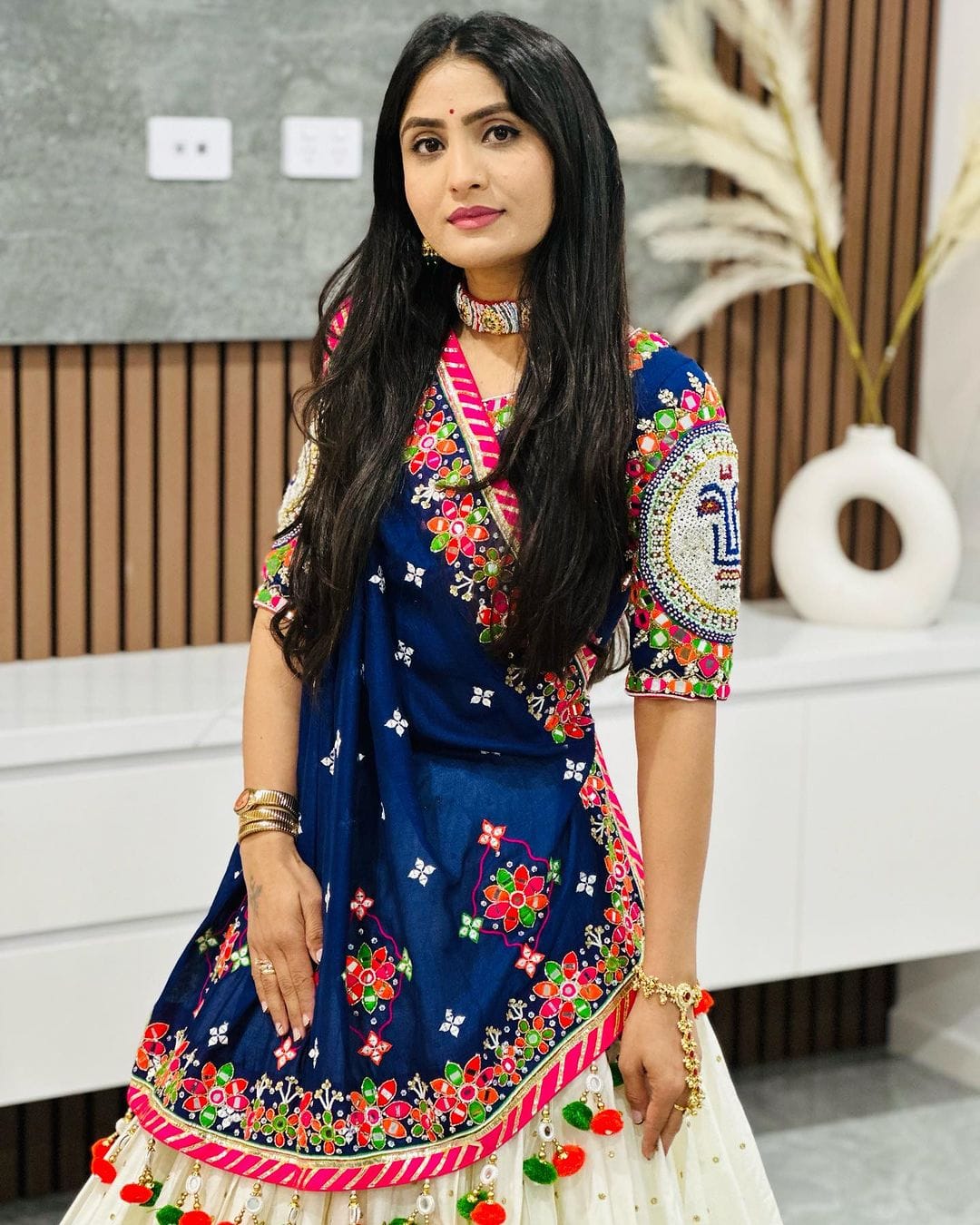 Royal Blue and White Bandhani & Floral Embroidered Traditional Chaniya Choli Set