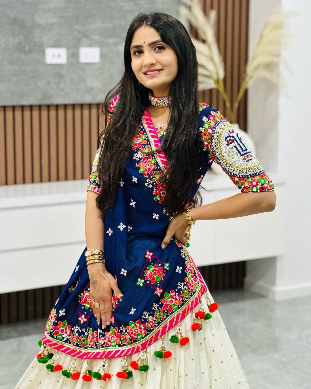 Royal Blue and White Bandhani & Floral Embroidered Traditional Chaniya Choli Set