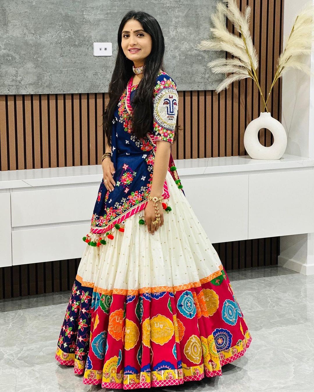 Royal Blue and White Bandhani & Floral Embroidered Traditional Chaniya Choli Set