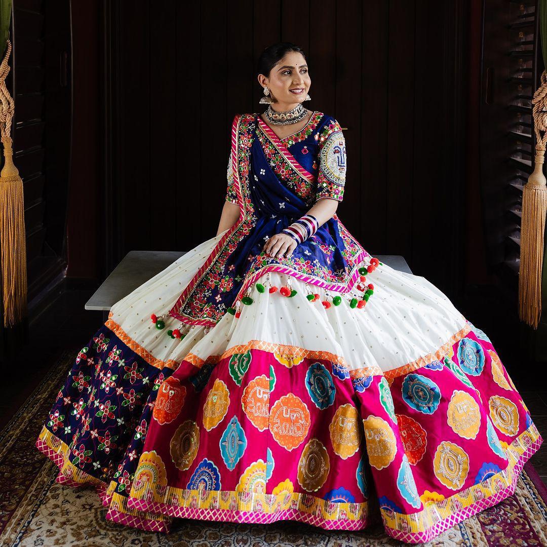 Royal Blue and White Bandhani & Floral Embroidered Traditional Chaniya Choli Set