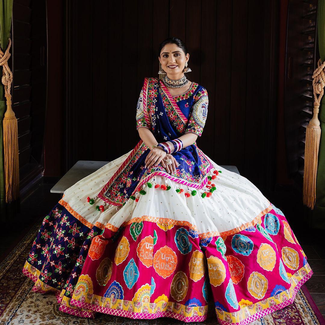 Royal Blue and White Bandhani & Floral Embroidered Traditional Chaniya Choli Set