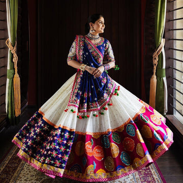 Royal Blue and White Bandhani & Floral Embroidered Traditional Chaniya Choli Set