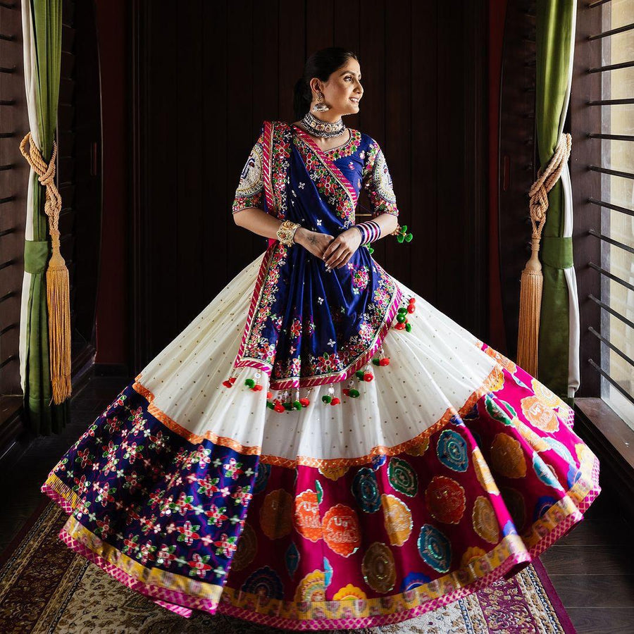 Royal Blue and White Bandhani & Floral Embroidered Traditional Chaniya Choli Set