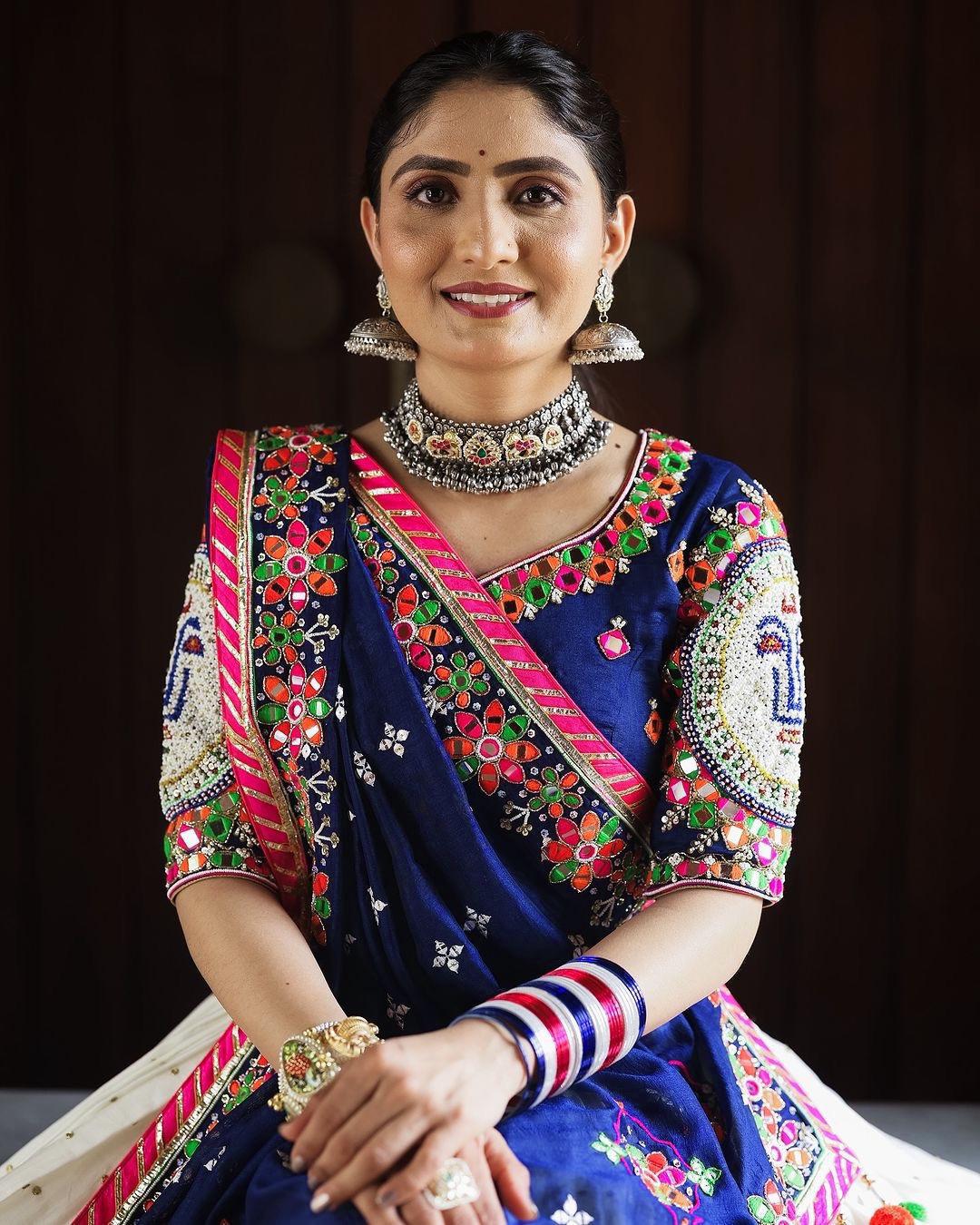 Royal Blue and White Bandhani & Floral Embroidered Traditional Chaniya Choli Set