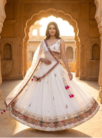 1401 White Navratri Chaniya Choli Mirror Work