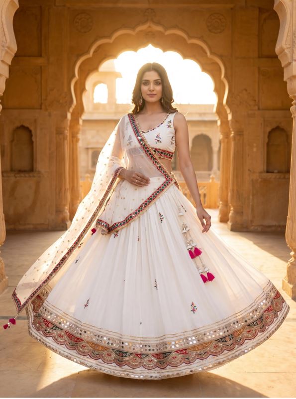 1401 White Navratri Chaniya Choli Mirror Work
