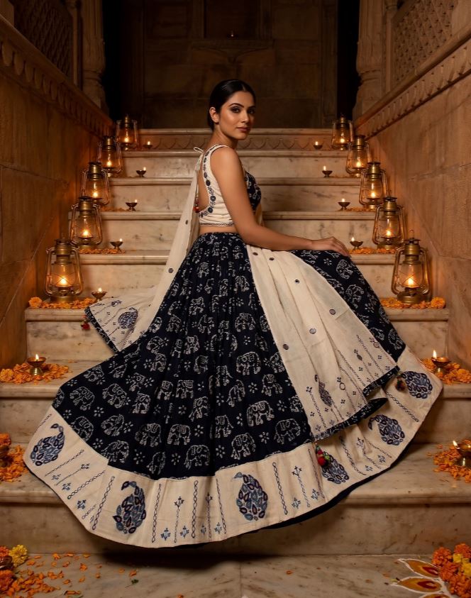 1403 Navy Blue & Off-White Cotton Dabu Print Lehenga Choli with Mirror Work