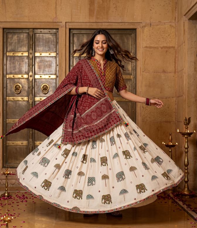 1404 Off-White & Mustard Cotton Kalamkari Elephant Print Lehenga Set