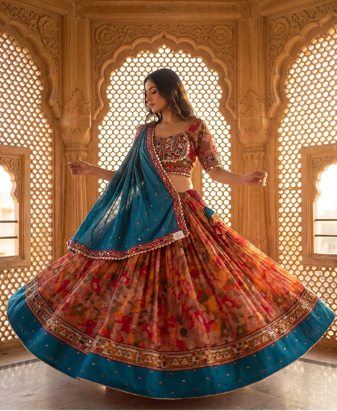 1406 Designer Floral Navratri Chaniya Choli with Teal Dupatta