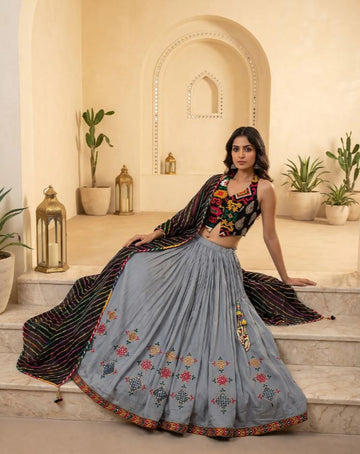 1408 Mirror Work Navratri Chaniya Choli with Ikat Gamthi Halter Top