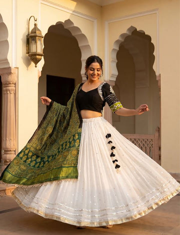 1411 White Georgette Chaniya Choli & Ajrakh Dupatta