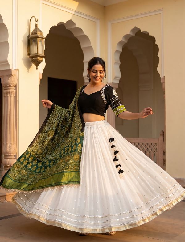 1411 White Georgette Chaniya Choli & Ajrakh Dupatta