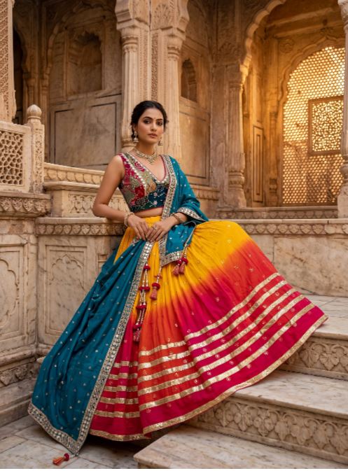 1414 Yellow Sunset Ombre Mirrorwork Georgette Chaniya Choli
