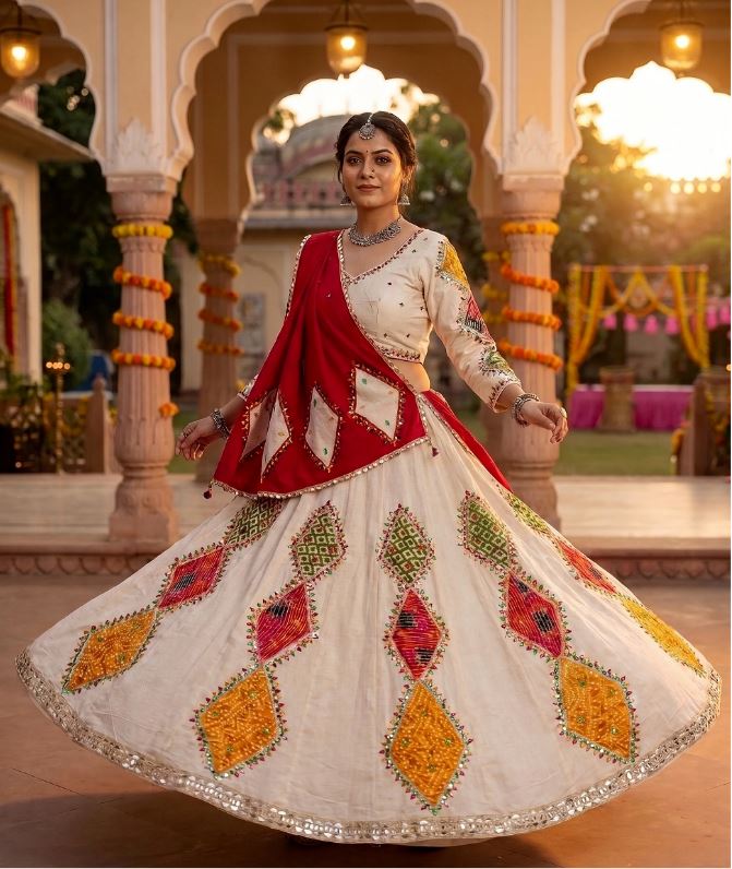 1415 Off-White Cotton Chaniya Choli with Bandhej Patchwork & Mirror Work