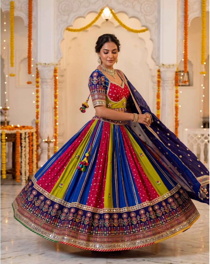 1416 Blue, Pink, and Green Bandhej Print Chaniya Choli with Mirror Work