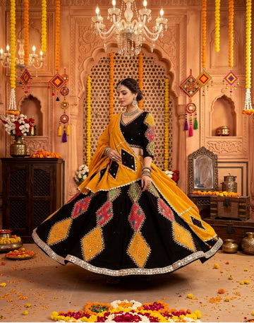 1417 Black & Yellow Cotton Bandhani Diamond Patchwork Chaniya Choli with Mirror Work
