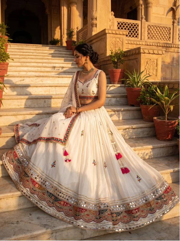 1401 White Navratri Chaniya Choli Mirror Work