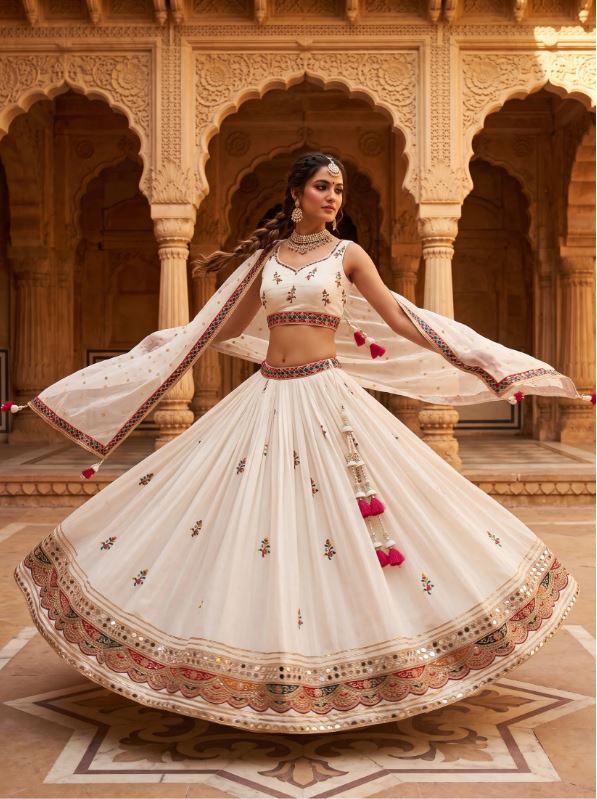 1401 White Navratri Chaniya Choli Mirror Work