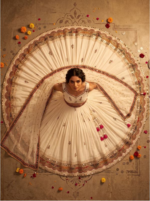 1401 White Navratri Chaniya Choli Mirror Work
