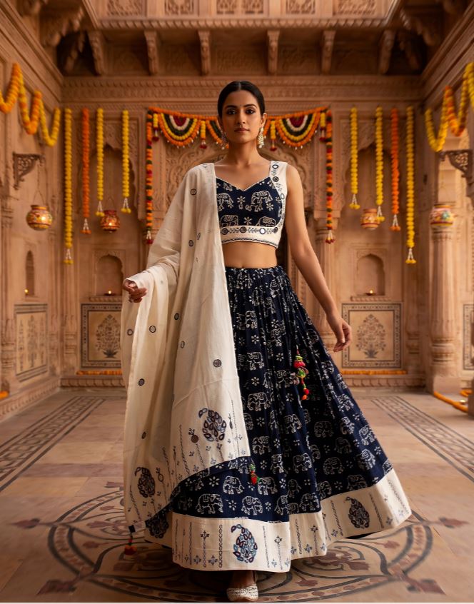 1403 Navy Blue & Off-White Cotton Dabu Print Lehenga Choli with Mirror Work
