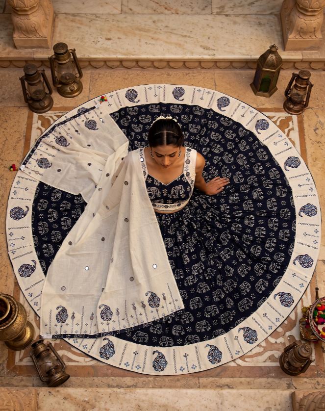 1403 Navy Blue & Off-White Cotton Dabu Print Lehenga Choli with Mirror Work