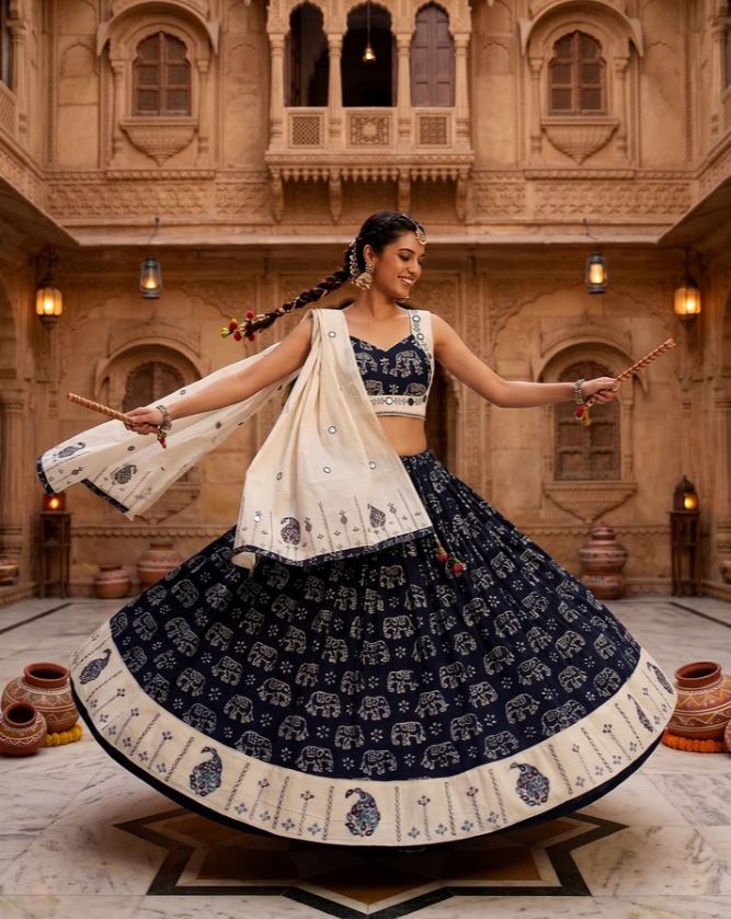 1403 Navy Blue & Off-White Cotton Dabu Print Lehenga Choli with Mirror Work