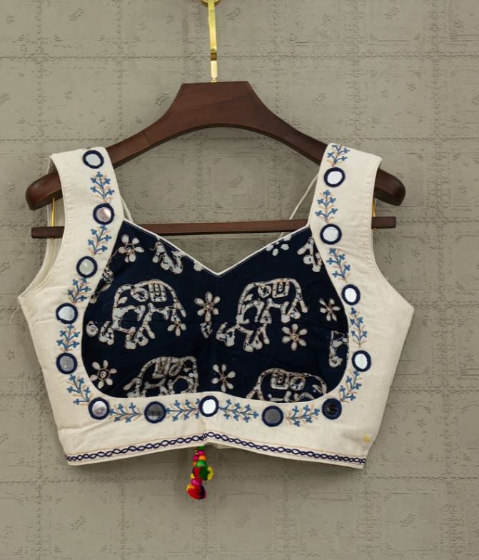1403 Navy Blue & Off-White Cotton Dabu Print Lehenga Choli with Mirror Work