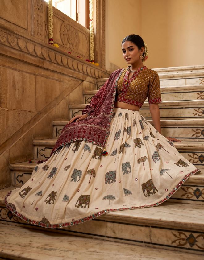 1404 Off-White & Mustard Cotton Kalamkari Elephant Print Lehenga Set