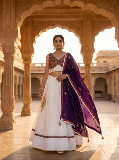 1405 White Cotton Chaniya Choli Kutchi Work
