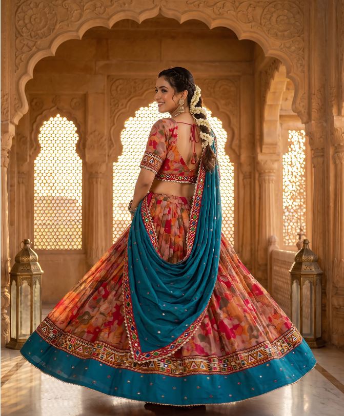 1406 Designer Floral Navratri Chaniya Choli with Teal Dupatta