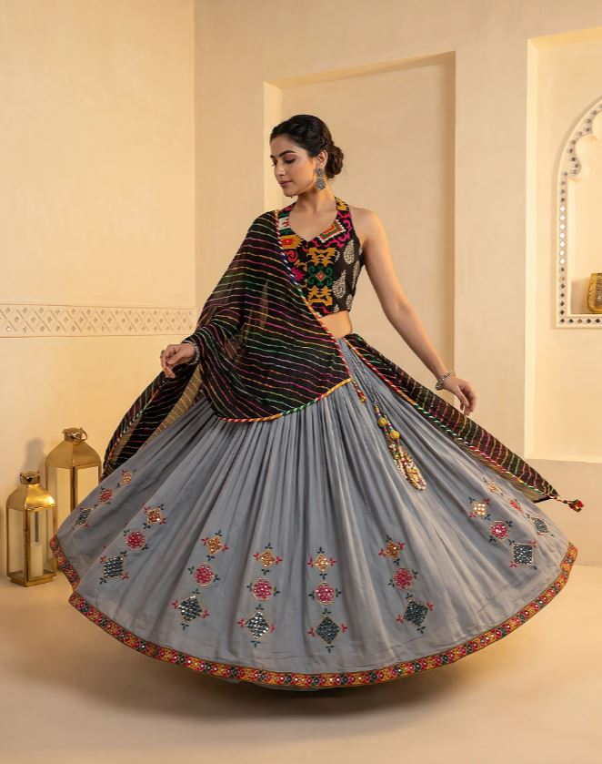 1408 Mirror Work Navratri Chaniya Choli with Ikat Gamthi Halter Top