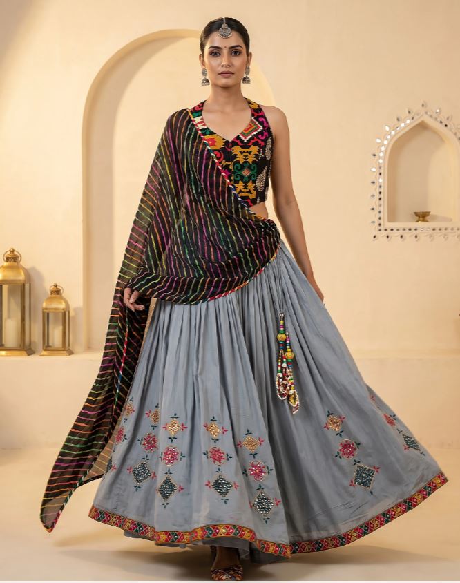 1408 Mirror Work Navratri Chaniya Choli with Ikat Gamthi Halter Top