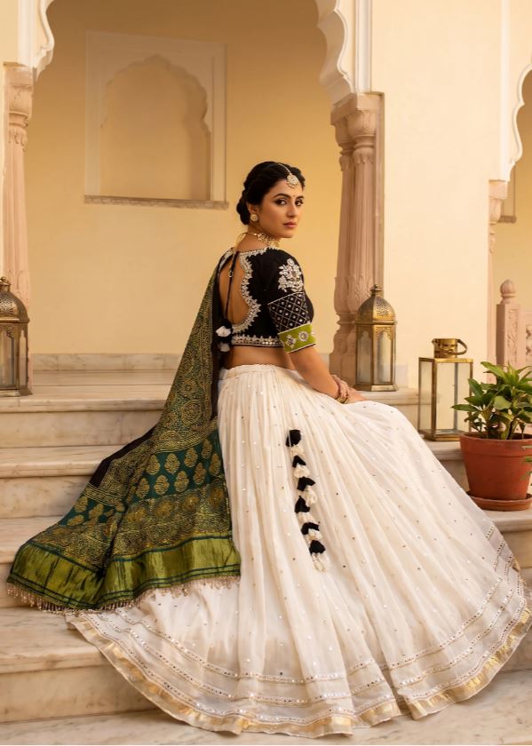 1411 White Georgette Chaniya Choli & Ajrakh Dupatta