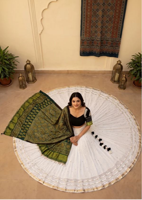 1411 White Georgette Chaniya Choli & Ajrakh Dupatta