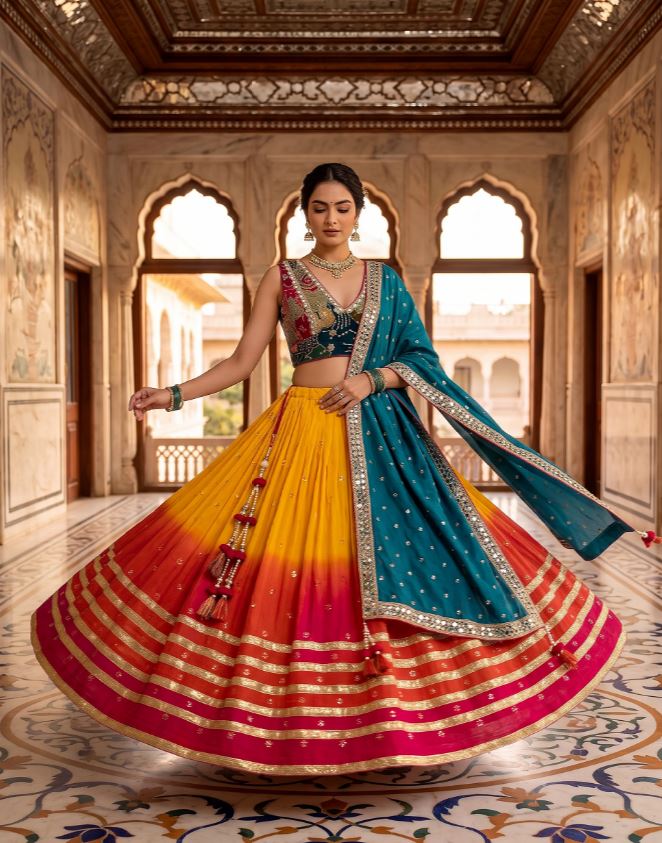 1414 Yellow Sunset Ombre Mirrorwork Georgette Chaniya Choli