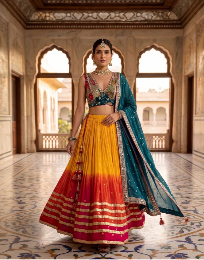 1414 Yellow Sunset Ombre Mirrorwork Georgette Chaniya Choli