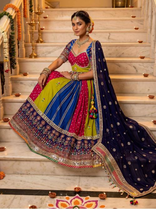 1416 Blue, Pink, and Green Bandhej Print Chaniya Choli with Mirror Work