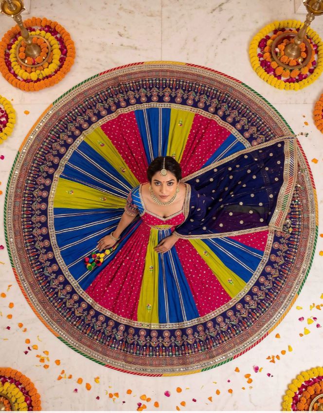 1416 Blue, Pink, and Green Bandhej Print Chaniya Choli with Mirror Work
