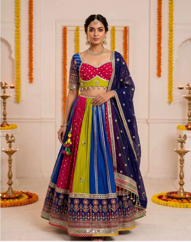 1416 Blue, Pink, and Green Bandhej Print Chaniya Choli with Mirror Work