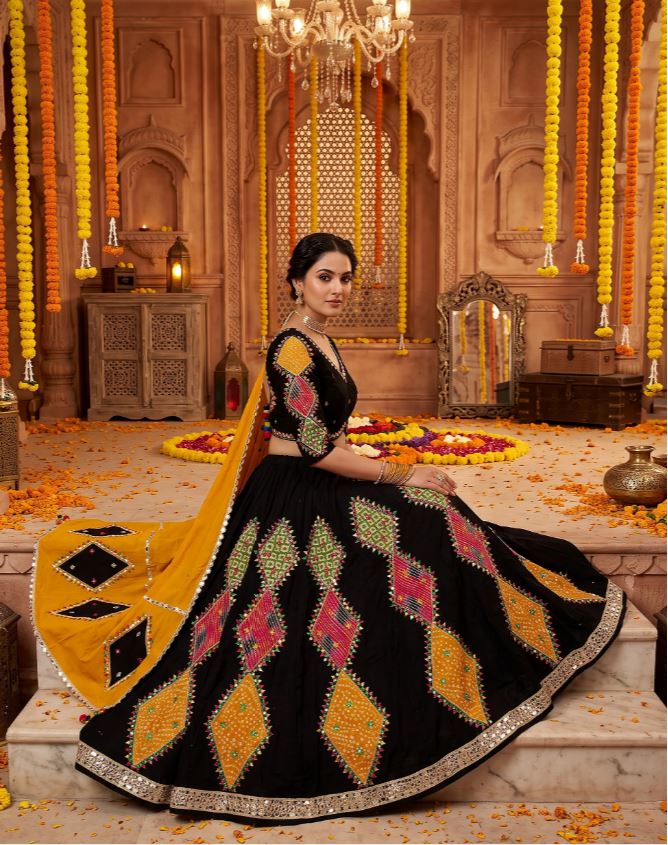 1417 Black & Yellow Cotton Bandhani Diamond Patchwork Chaniya Choli with Mirror Work